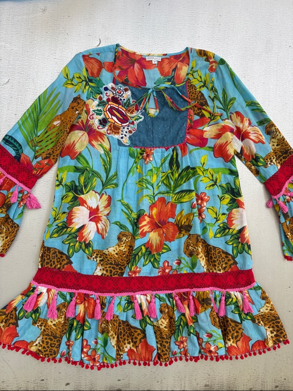 Boho Tropical Mini Dress with Floral & Leopard Print - Turquoise